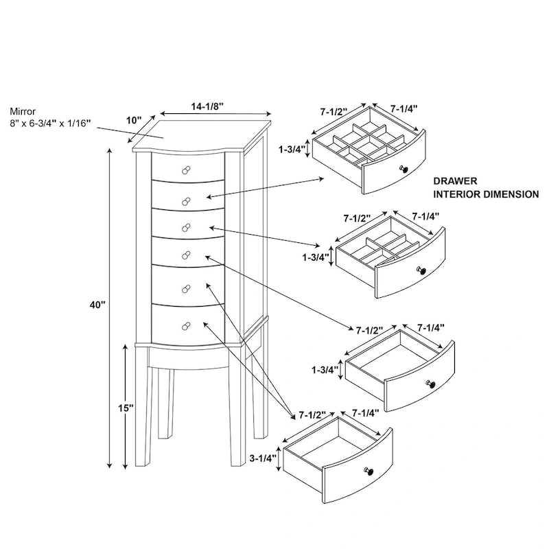 6-Drawer Wooden Jewelry Armoire with Plush Black Lining - 40 - Merlot Brown