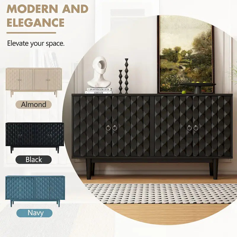 Modern 4-door Sideboard with Convex Pattern Doors and 2 Silver Handle for Living Room, Dining Room, Kitchen (Black)