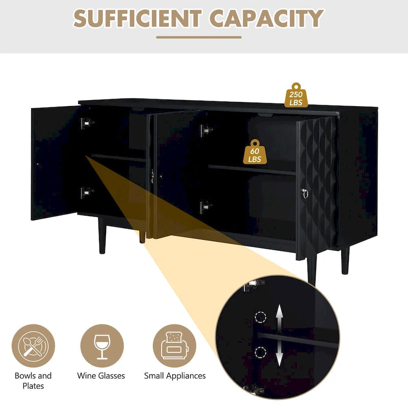 Modern 4-door Sideboard with Convex Pattern Doors and 2 Silver Handle for Living Room, Dining Room, Kitchen (Black)