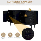 Modern 4-door Sideboard with Convex Pattern Doors and 2 Silver Handle for Living Room, Dining Room, Kitchen (Black)