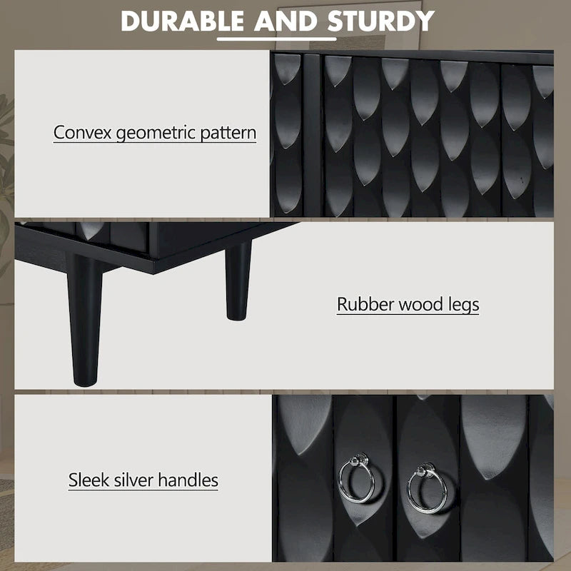 Modern 4-door Sideboard with Convex Pattern Doors and 2 Silver Handle for Living Room, Dining Room, Kitchen (Black)