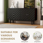 Modern 4-door Sideboard with Convex Pattern Doors and 2 Silver Handle for Living Room, Dining Room, Kitchen (Black)