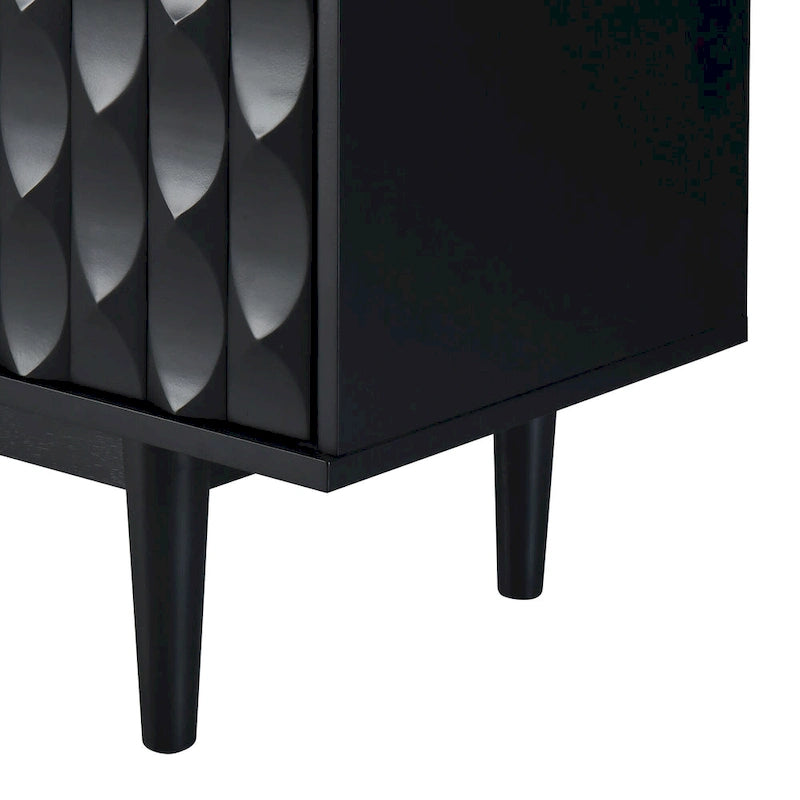 Modern 4-door Sideboard with Convex Pattern Doors and 2 Silver Handle for Living Room, Dining Room, Kitchen (Black)