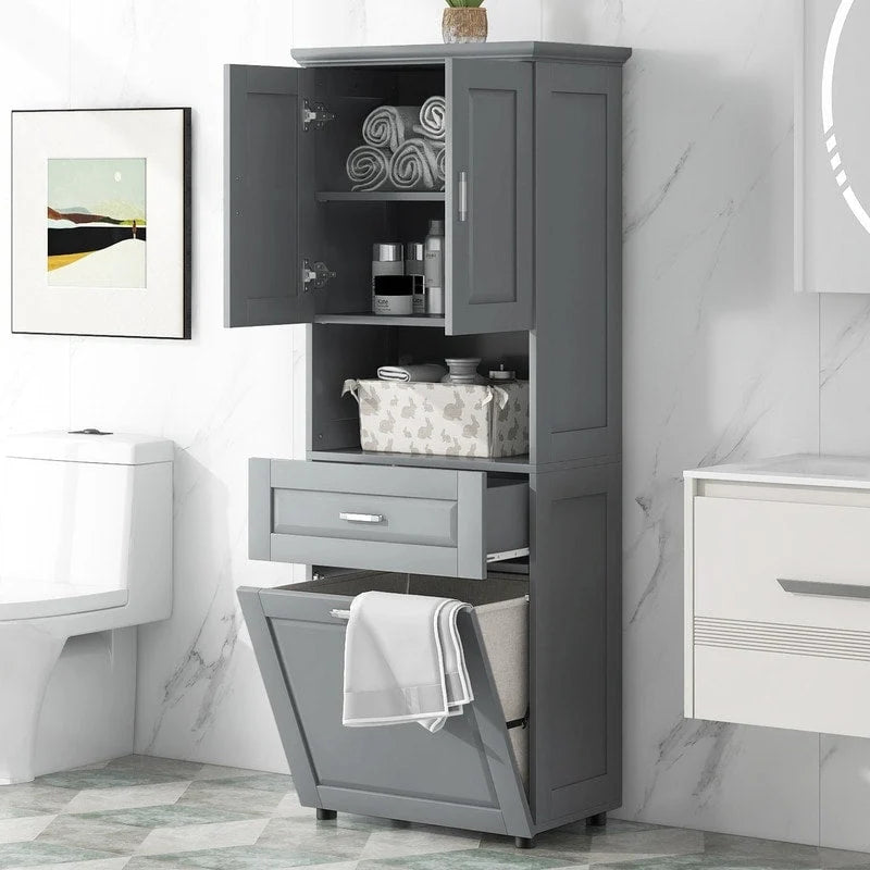 Tall Bathroom Storage Cabinet with Tilt-Out Laundry Basket, Drawer and Adjustable Shelf, Freestanding Floor Cabinet