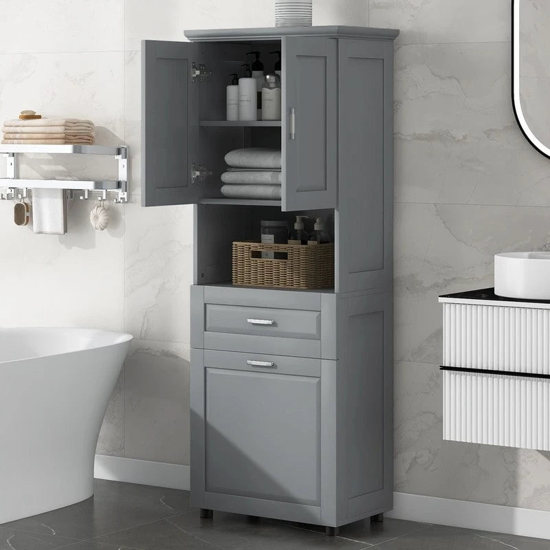 Tall Bathroom Storage Cabinet with Tilt-Out Laundry Basket, Drawer and Adjustable Shelf, Freestanding Floor Cabinet