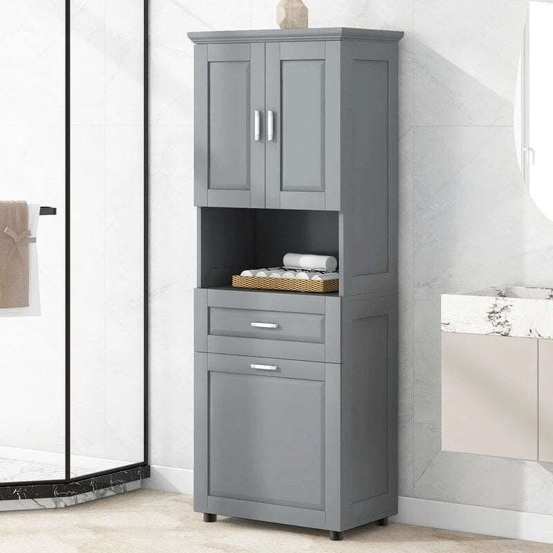 Tall Bathroom Storage Cabinet with Tilt-Out Laundry Basket, Drawer and Adjustable Shelf, Freestanding Floor Cabinet
