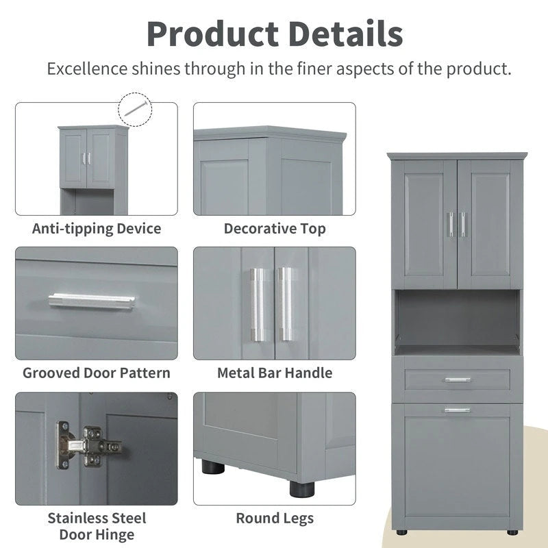 Tall Bathroom Storage Cabinet with Tilt-Out Laundry Basket, Drawer and Adjustable Shelf, Freestanding Floor Cabinet