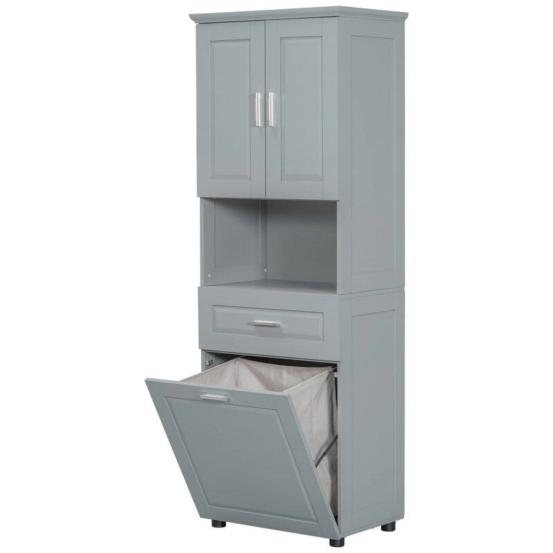 Tall Bathroom Storage Cabinet with Tilt-Out Laundry Basket, Drawer and Adjustable Shelf, Freestanding Floor Cabinet