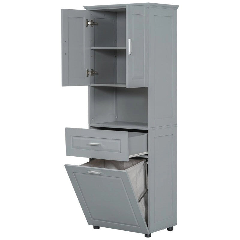 Tall Bathroom Storage Cabinet with Tilt-Out Laundry Basket, Drawer and Adjustable Shelf, Freestanding Floor Cabinet