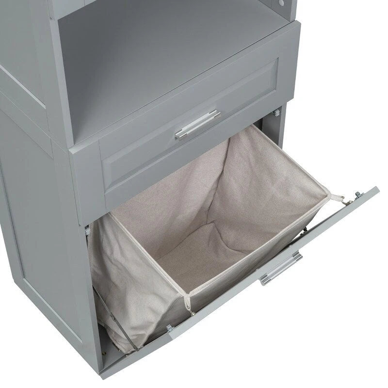 Tall Bathroom Storage Cabinet with Tilt-Out Laundry Basket, Drawer and Adjustable Shelf, Freestanding Floor Cabinet