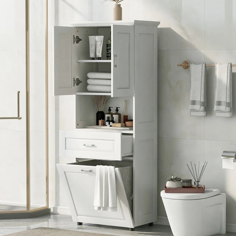 Tall Bathroom Storage Cabinet with Tilt-Out Laundry Basket, Drawer and Adjustable Shelf, Freestanding Floor Cabinet