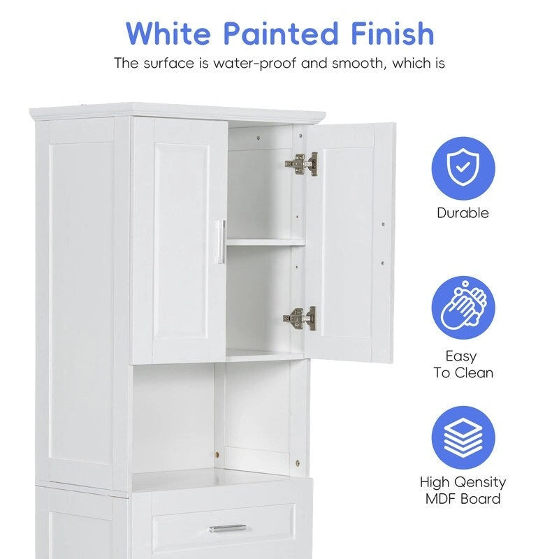 Tall Bathroom Storage Cabinet with Tilt-Out Laundry Basket, Drawer and Adjustable Shelf, Freestanding Floor Cabinet