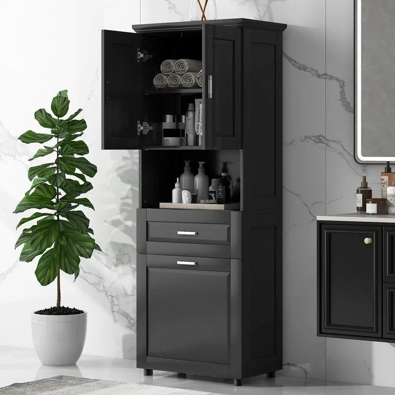 Tall Bathroom Storage Cabinet with Tilt-Out Laundry Basket, Drawer and Adjustable Shelf, Freestanding Floor Cabinet