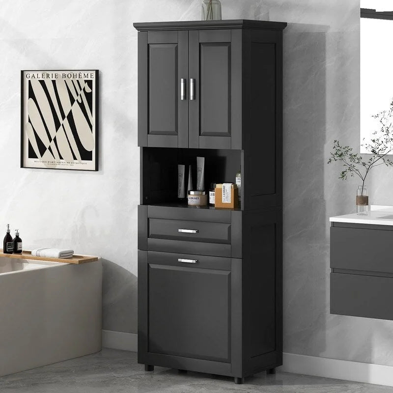 Tall Bathroom Storage Cabinet with Tilt-Out Laundry Basket, Drawer and Adjustable Shelf, Freestanding Floor Cabinet