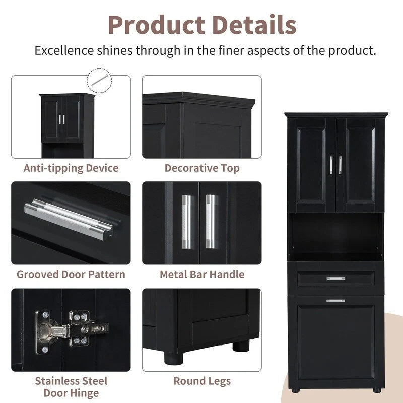 Tall Bathroom Storage Cabinet with Tilt-Out Laundry Basket, Drawer and Adjustable Shelf, Freestanding Floor Cabinet