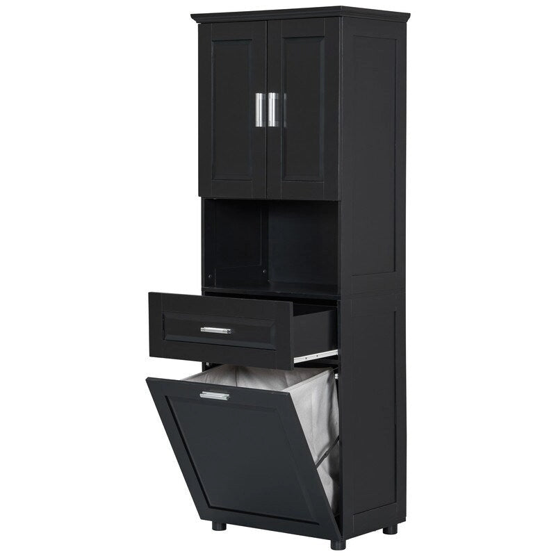 Tall Bathroom Storage Cabinet with Tilt-Out Laundry Basket, Drawer and Adjustable Shelf, Freestanding Floor Cabinet