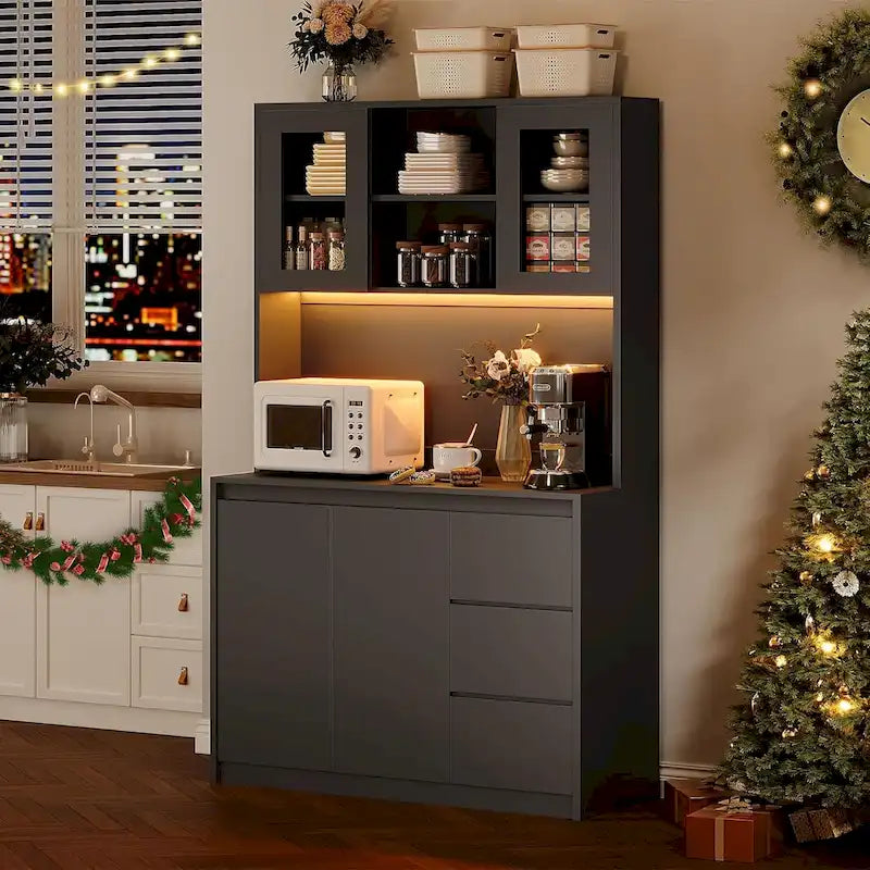 Tall Storage Cabinet with Countertop and LED Lights