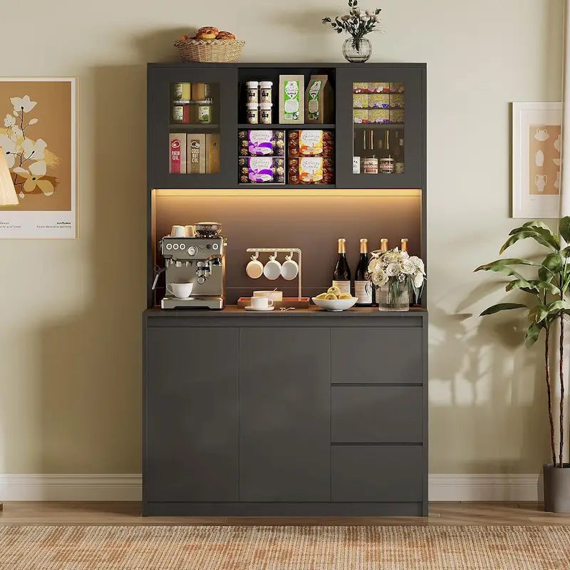 Tall Storage Cabinet with Countertop and LED Lights