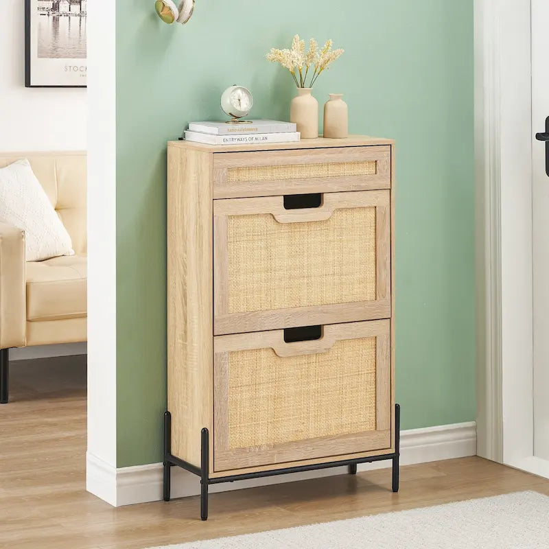 Natural Rattan Shoe Cabinet, 2 Flip Door Shoes Storage Cabinet
