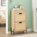 Natural Rattan Shoe Cabinet, 2 Flip Door Shoes Storage Cabinet