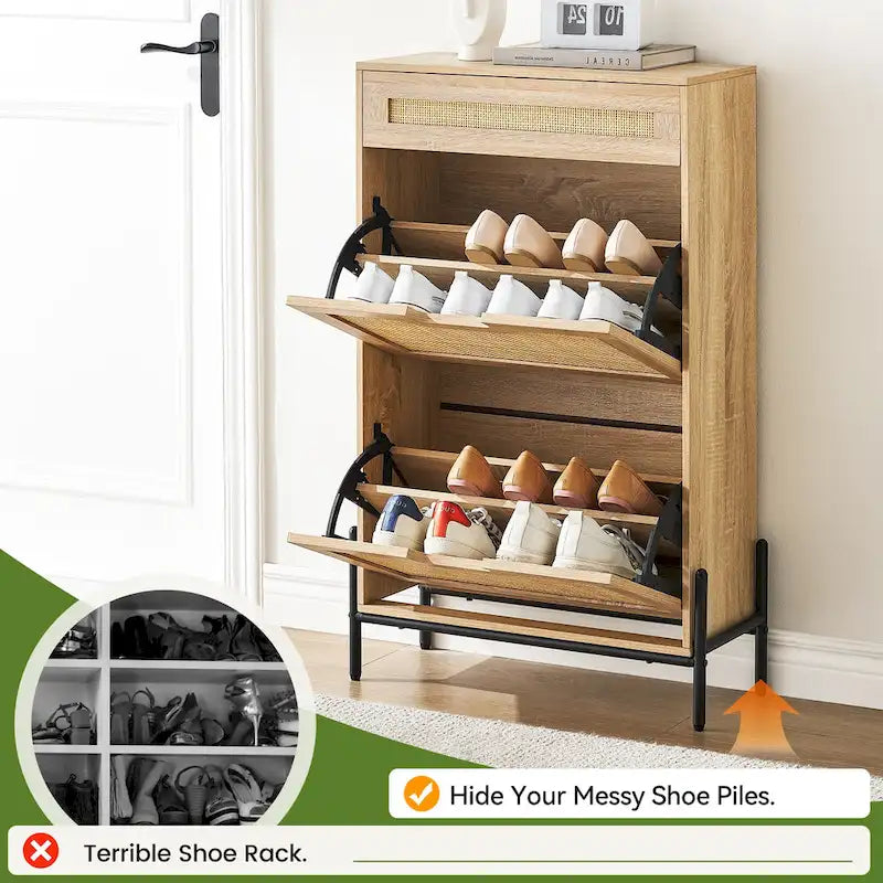 Natural Rattan Shoe Cabinet, 2 Flip Door Shoes Storage Cabinet