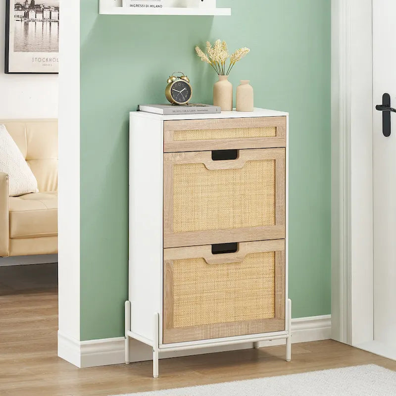 Natural Rattan Shoe Cabinet, 2 Flip Door Shoes Storage Cabinet