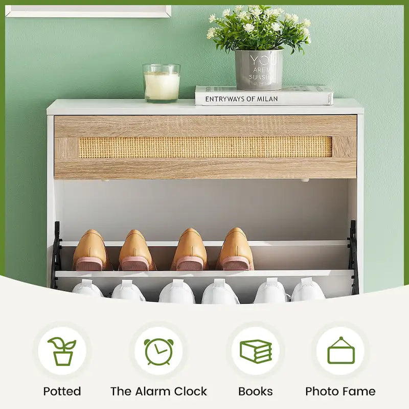 Natural Rattan Shoe Cabinet, 2 Flip Door Shoes Storage Cabinet