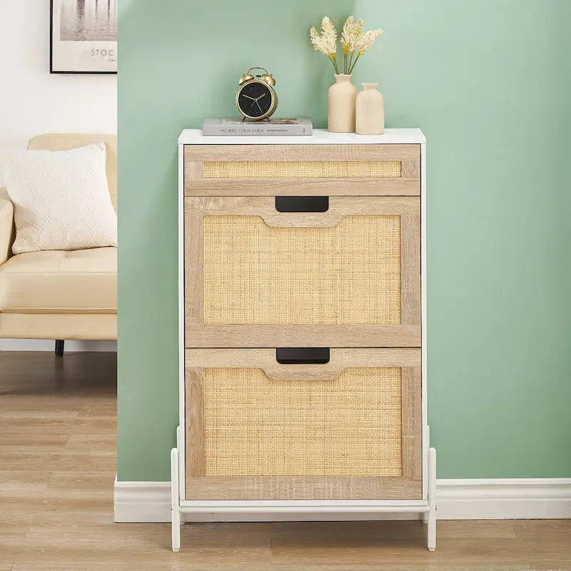 Natural Rattan Shoe Cabinet, 2 Flip Door Shoes Storage Cabinet