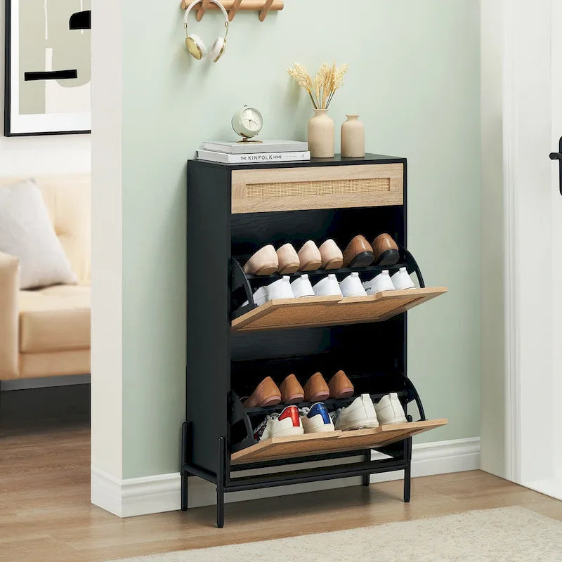 Natural Rattan Shoe Cabinet, 2 Flip Door Shoes Storage Cabinet