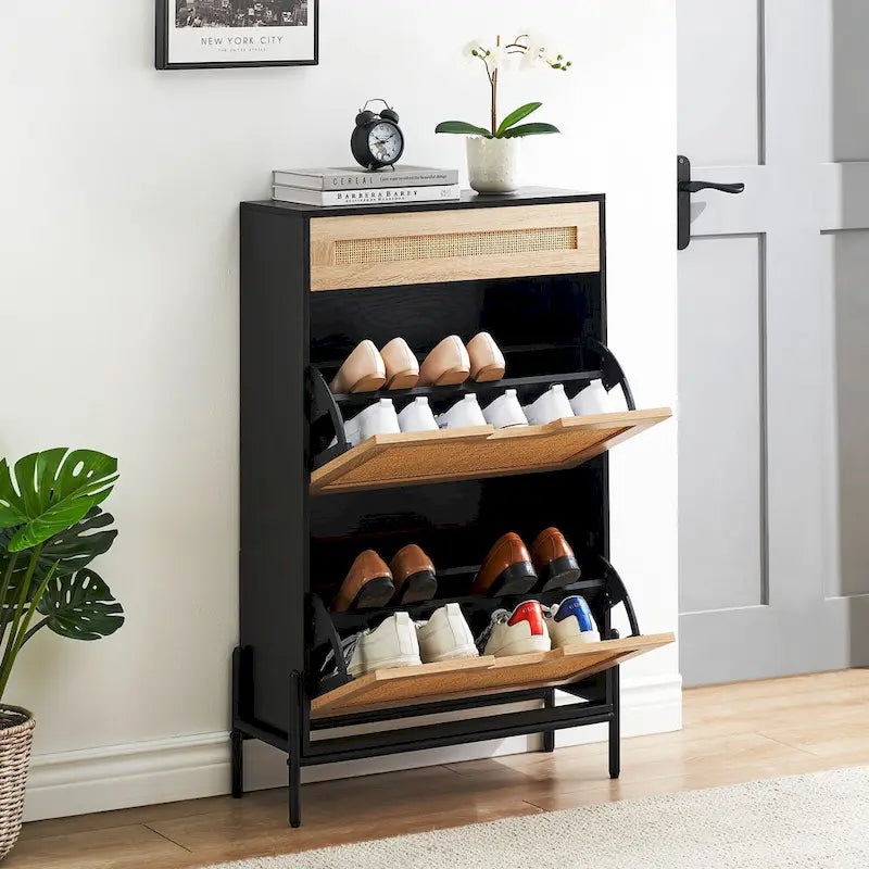 Natural Rattan Shoe Cabinet, 2 Flip Door Shoes Storage Cabinet