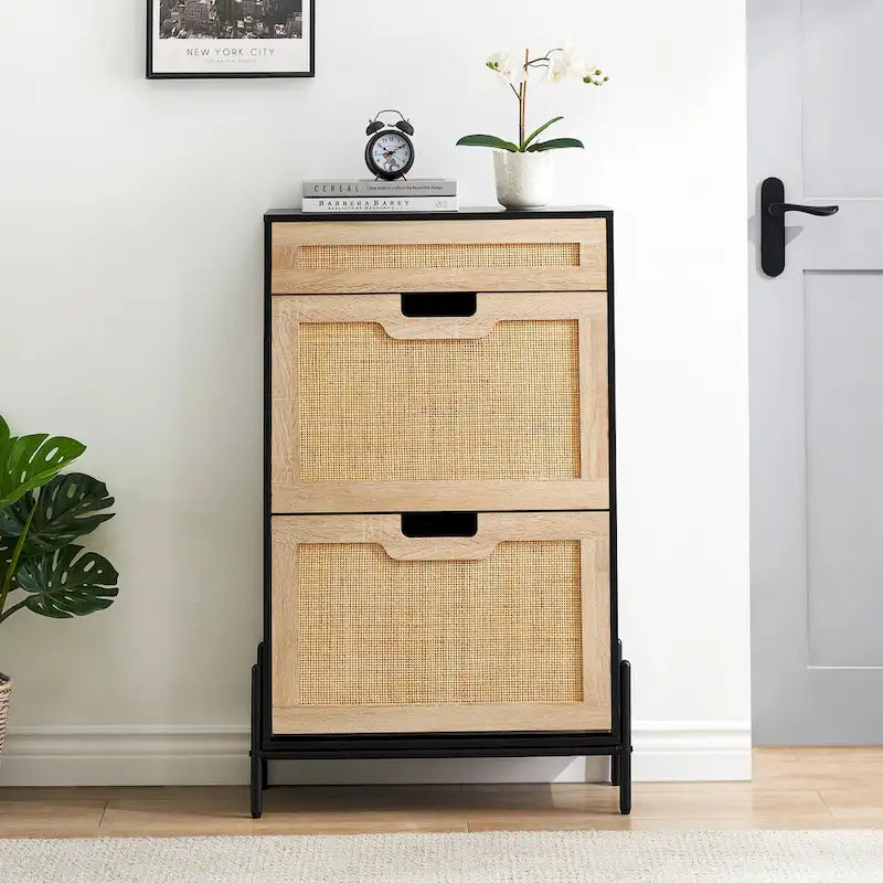 Natural Rattan Shoe Cabinet, 2 Flip Door Shoes Storage Cabinet