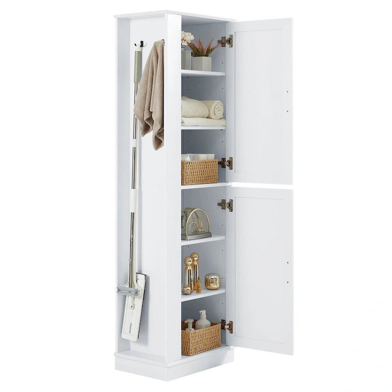 Tall Bathroom Storage Cabinet with Two Towel Hooks Adjustable Shelves and Left or Right-handed Opening Door