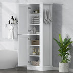 Tall Bathroom Storage Cabinet with Two Towel Hooks Adjustable Shelves and Left or Right-handed Opening Door