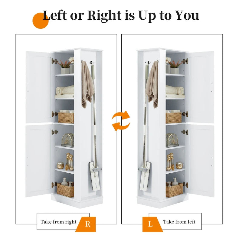 Tall Bathroom Storage Cabinet with Two Towel Hooks Adjustable Shelves and Left or Right-handed Opening Door