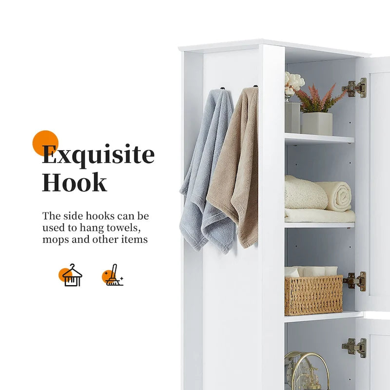 Tall Bathroom Storage Cabinet with Two Towel Hooks Adjustable Shelves and Left or Right-handed Opening Door