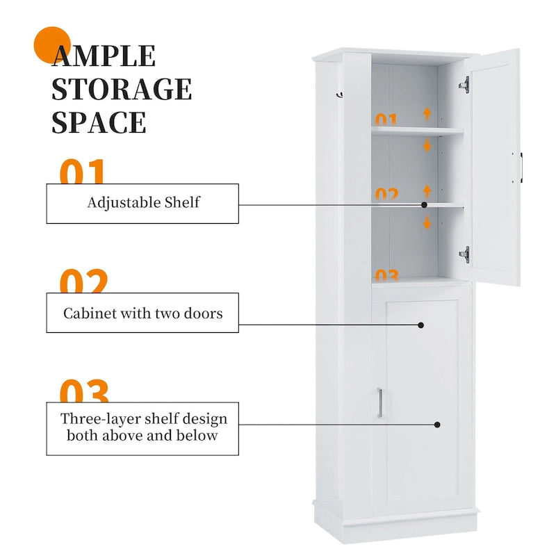 Tall Bathroom Storage Cabinet with Two Towel Hooks Adjustable Shelves and Left or Right-handed Opening Door