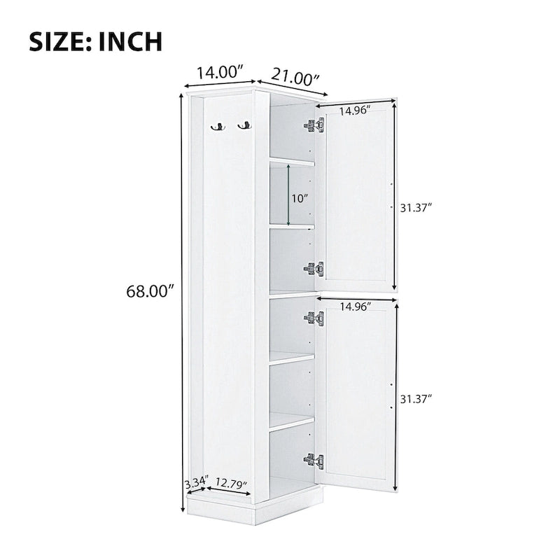Tall Bathroom Storage Cabinet with Two Towel Hooks Adjustable Shelves and Left or Right-handed Opening Door