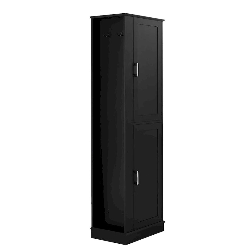 Tall Bathroom Storage Cabinet with Two Towel Hooks Adjustable Shelves and Left or Right-handed Opening Door
