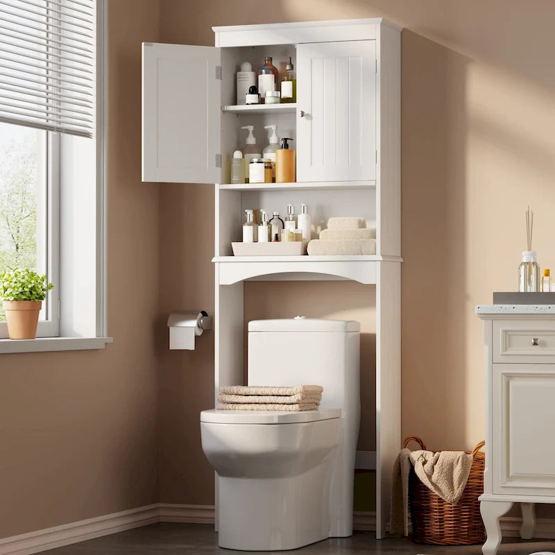 Over The Toilet Storage Cabinet with Adjustable Shelf and Double Doors, Taller Wooden Free Standing Toilet Rack