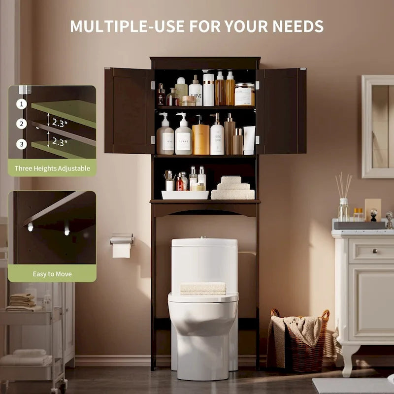Over The Toilet Storage Cabinet with Adjustable Shelf and Double Doors, Taller Wooden Free Standing Toilet Rack
