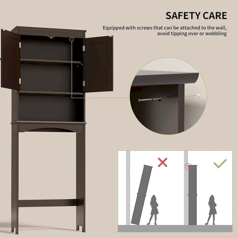 Over The Toilet Storage Cabinet with Adjustable Shelf and Double Doors, Taller Wooden Free Standing Toilet Rack