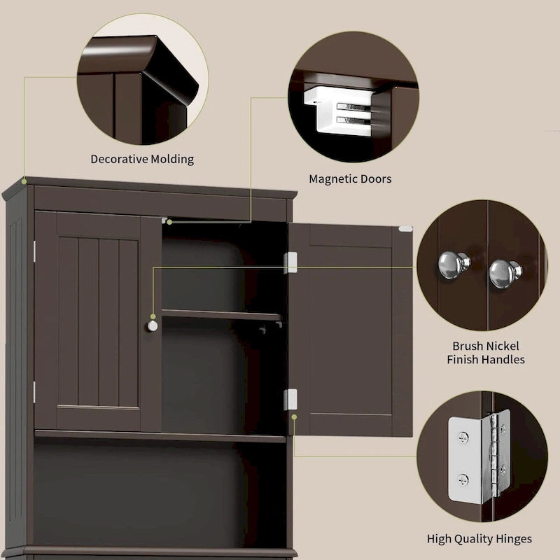 Over The Toilet Storage Cabinet with Adjustable Shelf and Double Doors, Taller Wooden Free Standing Toilet Rack