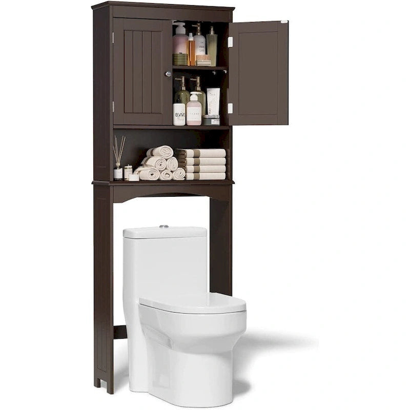 Over The Toilet Storage Cabinet with Adjustable Shelf and Double Doors, Taller Wooden Free Standing Toilet Rack