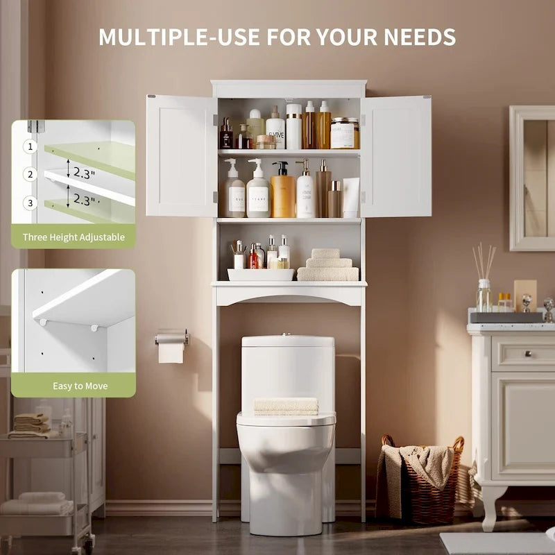 Over The Toilet Storage Cabinet with Adjustable Shelf and Double Doors, Taller Wooden Free Standing Toilet Rack