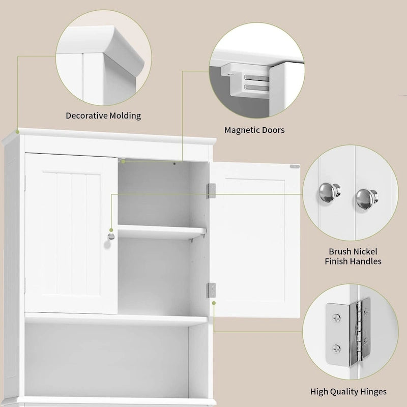 Over The Toilet Storage Cabinet with Adjustable Shelf and Double Doors, Taller Wooden Free Standing Toilet Rack