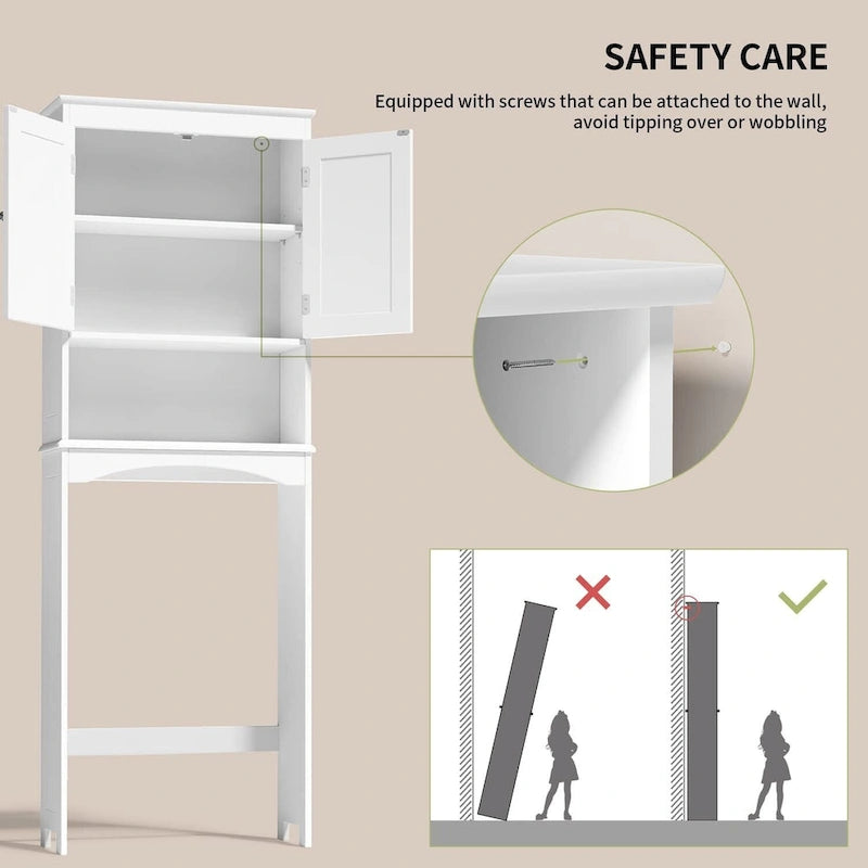 Over The Toilet Storage Cabinet with Adjustable Shelf and Double Doors, Taller Wooden Free Standing Toilet Rack
