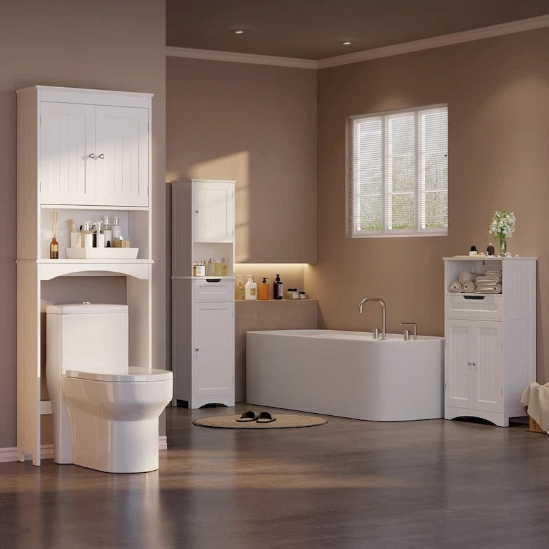 Over The Toilet Storage Cabinet with Adjustable Shelf and Double Doors, Taller Wooden Free Standing Toilet Rack
