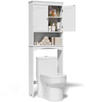 Over The Toilet Storage Cabinet with Adjustable Shelf and Double Doors, Taller Wooden Free Standing Toilet Rack