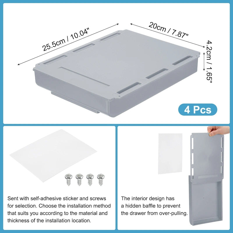 4 Pcs Self-Adhesive Under Desk Drawer for Standing Desk Office, Large - 10.04 x 7.87 x 1.65 inches