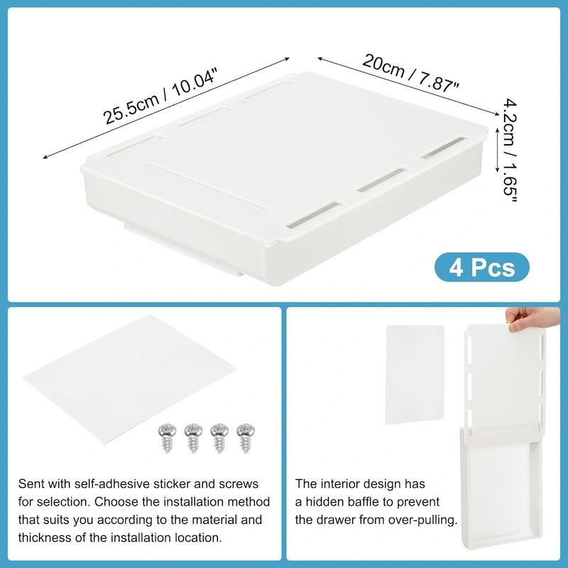 4 Pcs Self-Adhesive Under Desk Drawer for Standing Desk Office, Large - 10.04 x 7.87 x 1.65 inches